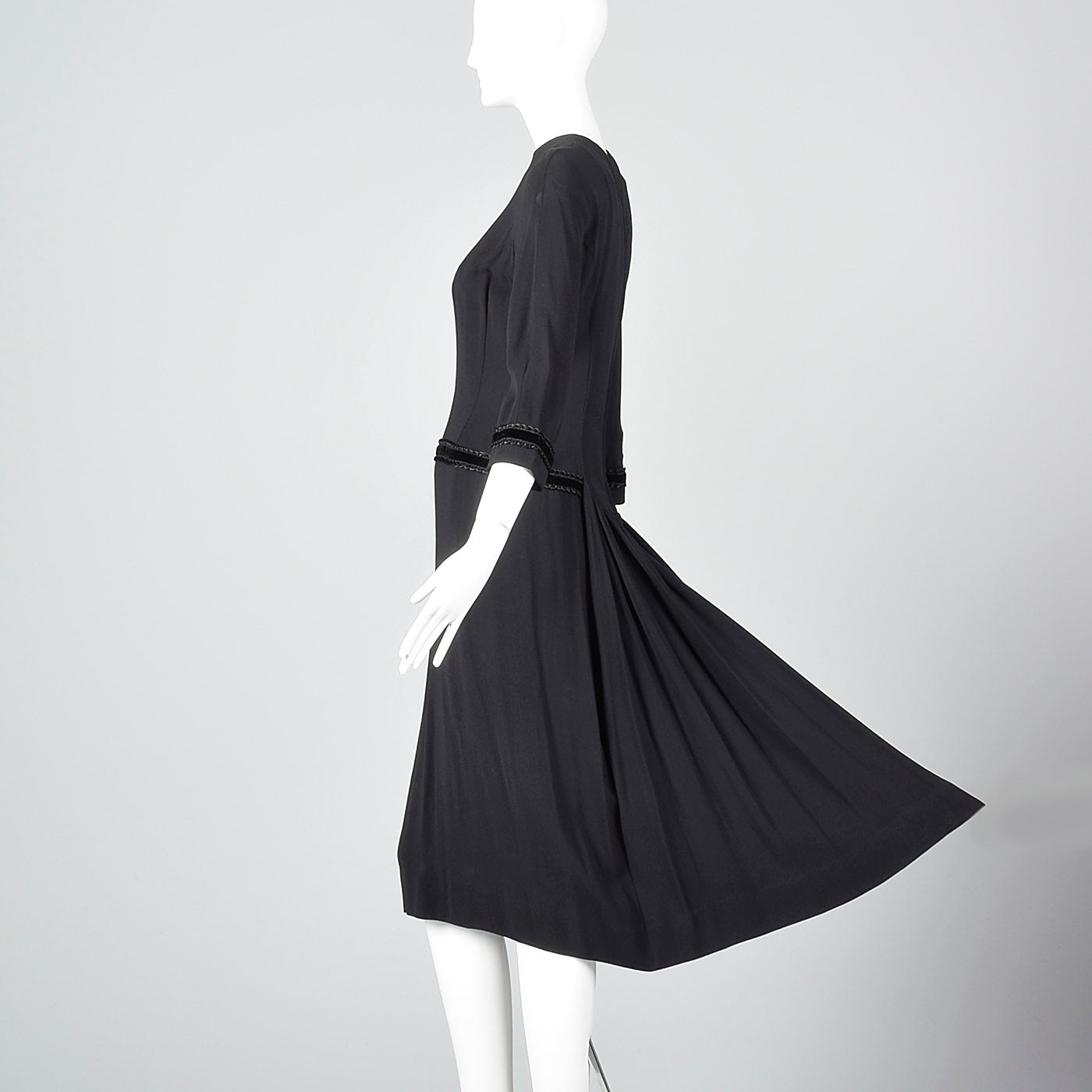 1950s Black Dress with Drop Waist and Bustle Train