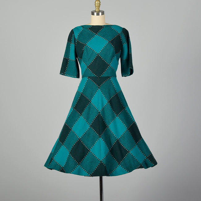 Small 1950s Green Buffalo Check Dress