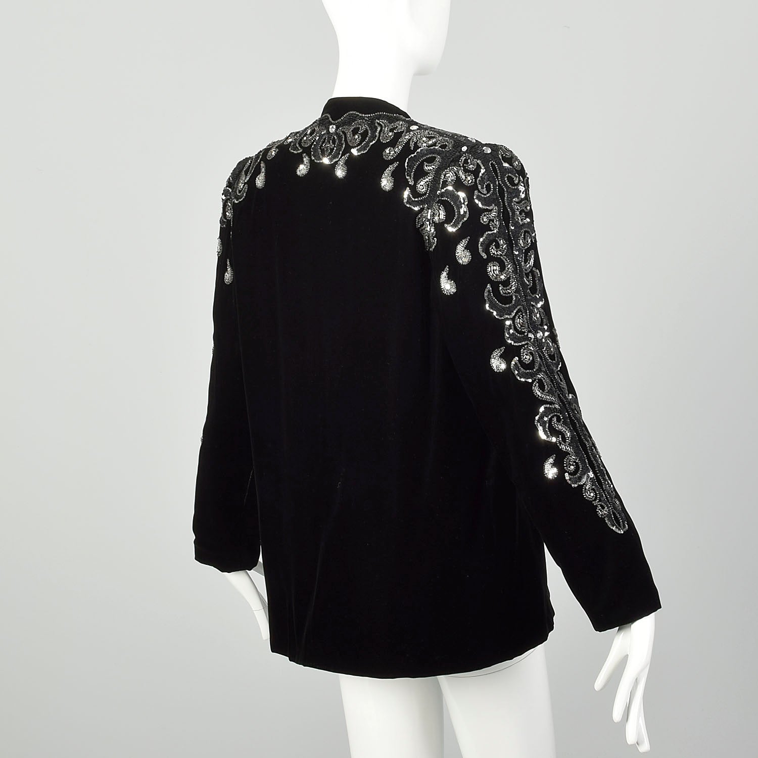 Medium 1980s Black Velvet Jacket Silver Sequin Evening Coat