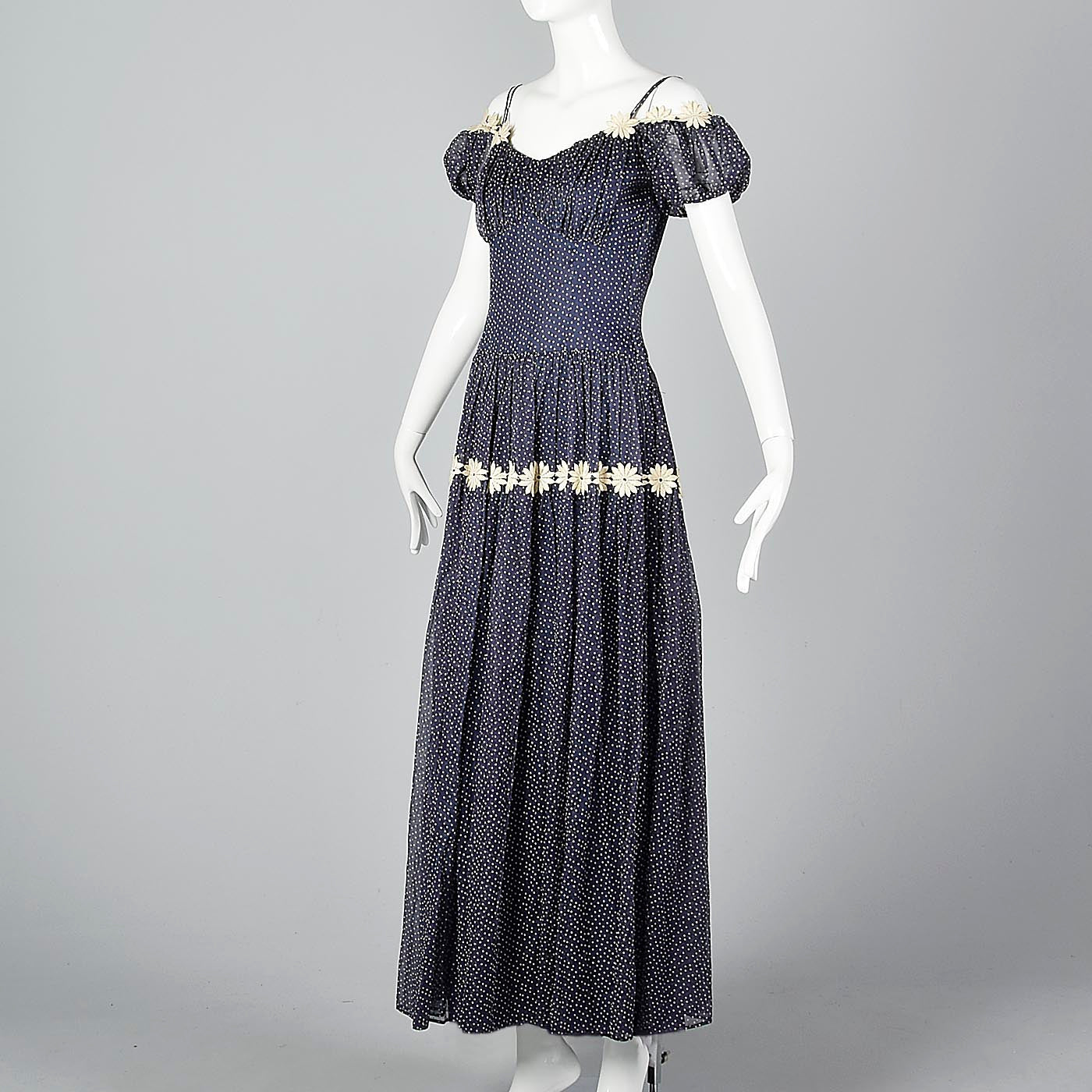 1940s Blue Flocked Swiss Dot Dress