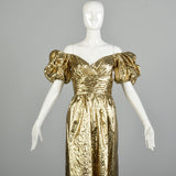 XS 1980s Mike Benet Gold Prom Dress Lamé Evening Gown Metallic Formal