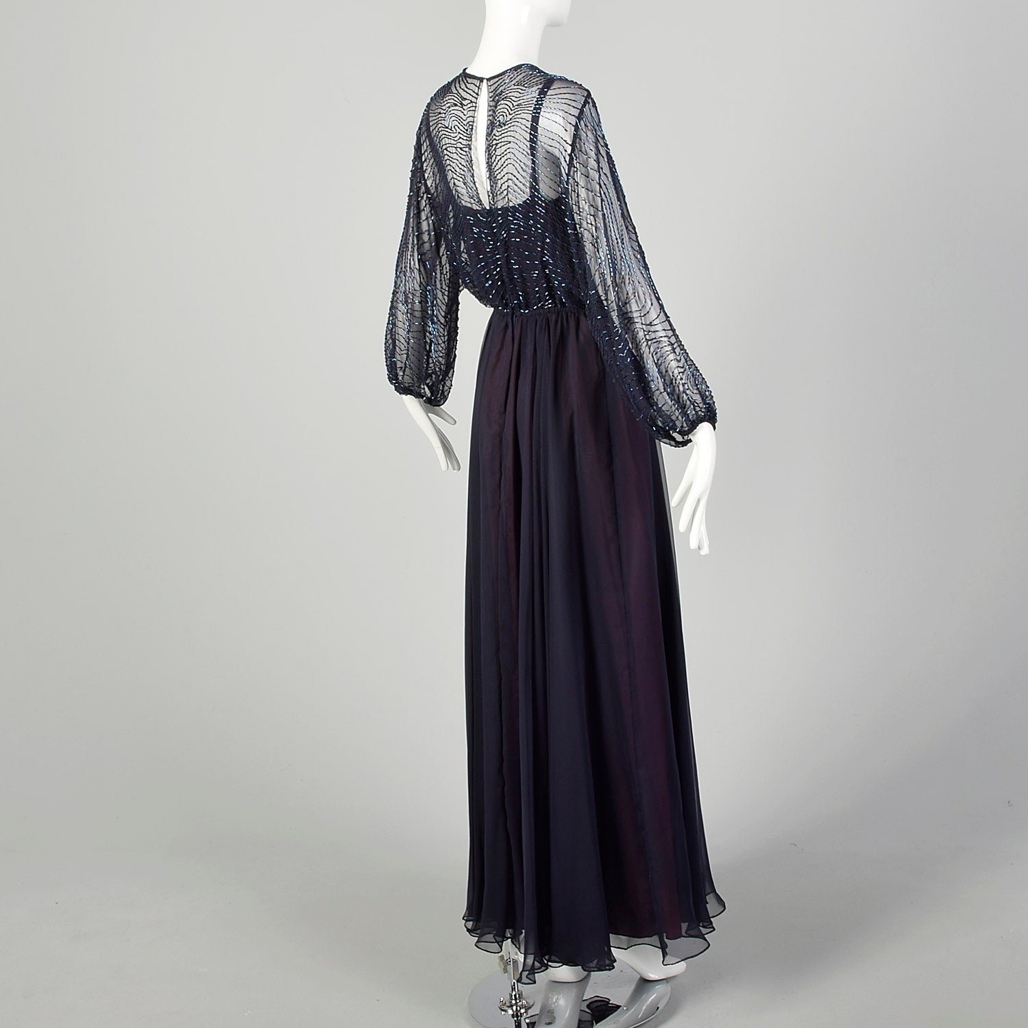 Small 1970s Jack Bryan Dress Blue Beaded Maxi Formal Disco Evening Gown