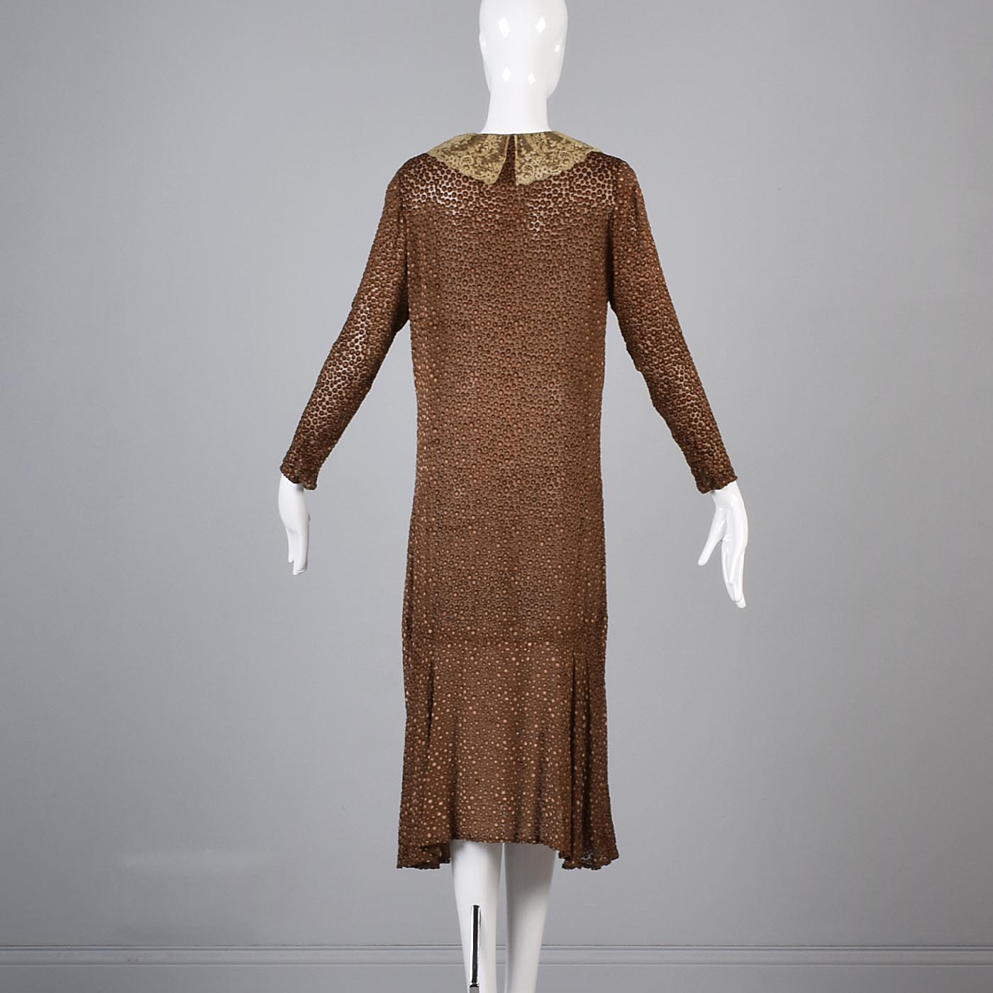 1920s Brown Silk Dress with Lace Trim