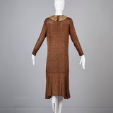 1920s Brown Silk Dress with Lace Trim