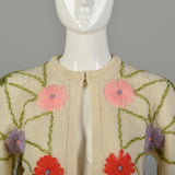 Small 1960s Embroidered Cardigan Sweater Colorful Flowers On Off-White Knit