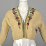 XS 1950s Beige Cropped Cardigan Sweater with Hand Embroidered Beading and Velvet Trim