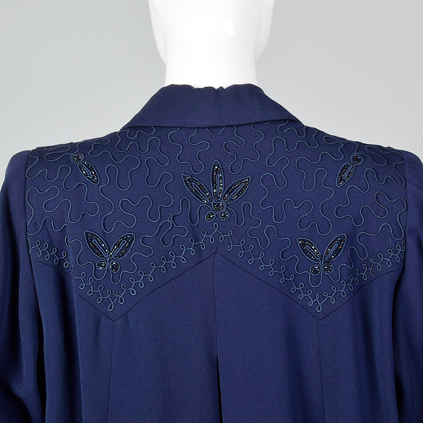 1940s Navy Blue Gabardine Swing Coat with Beading