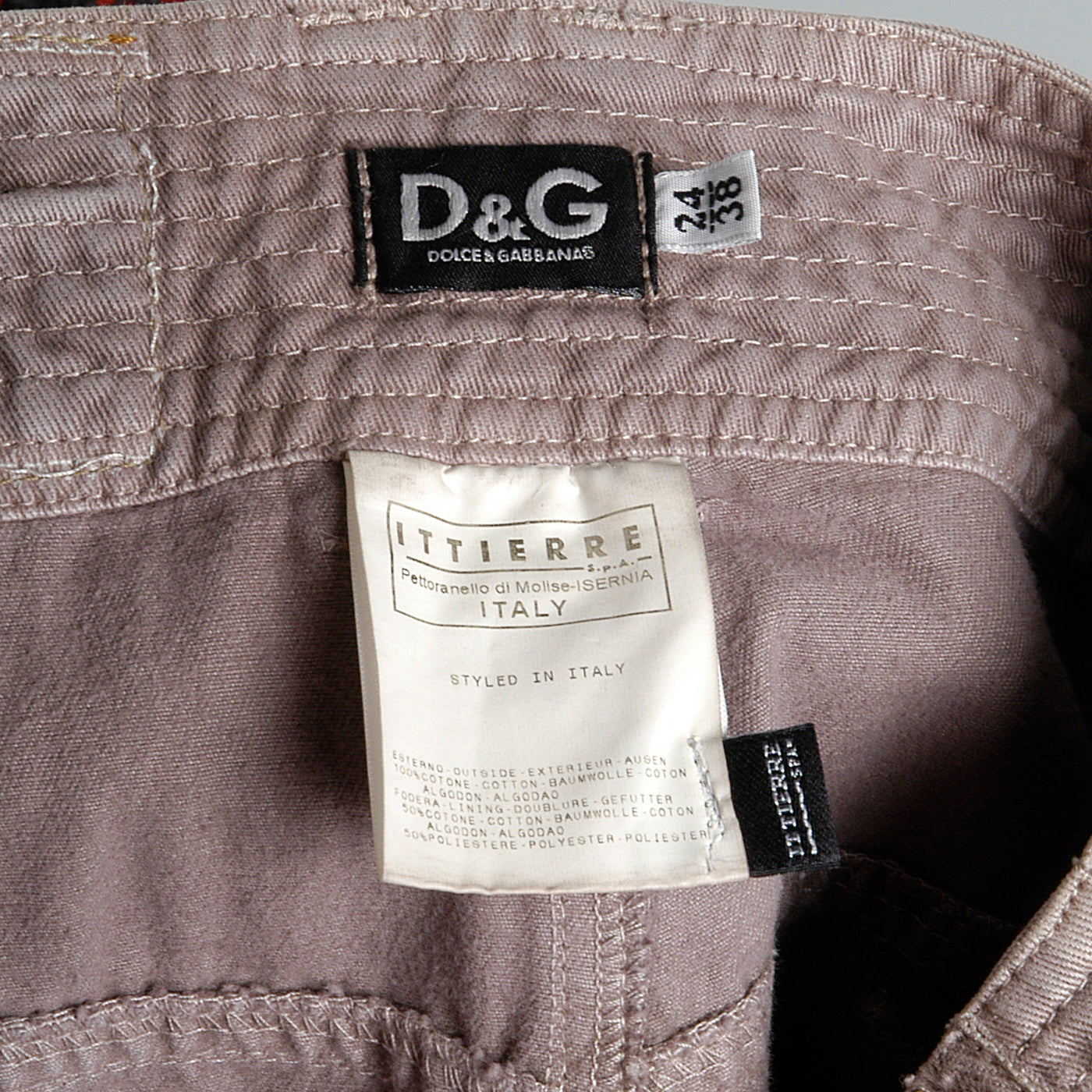 D&G Superior Denim by Dolce & Gabbana Taupe Twill Pants with Zippers Snaps and Smocked Thighs