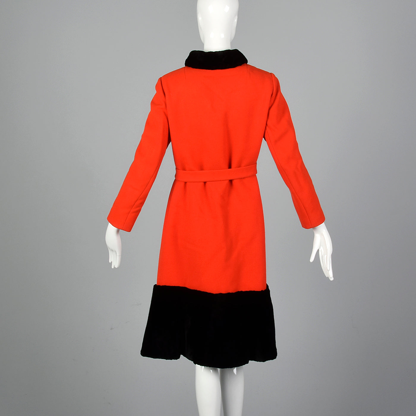 1960s Asymmetric Red Winter Coat with Black Sheared Fur Trim