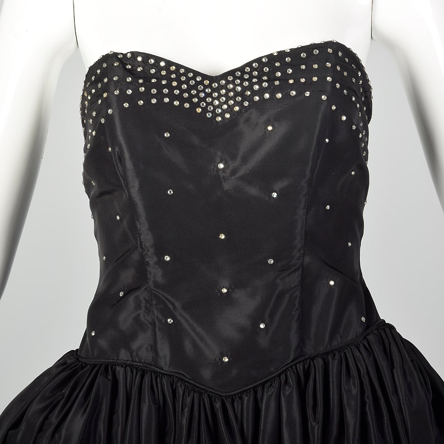 XXS 1940s Black Taffeta Evening Gown Formal Party Dress with Panniers and Rhinestone Studded Bodice