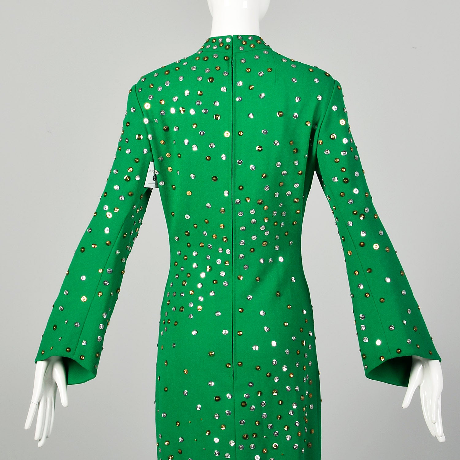 Large 1970s Pauline Trigere Dress Green Long Sleeve Formal Evening Gown Sequin