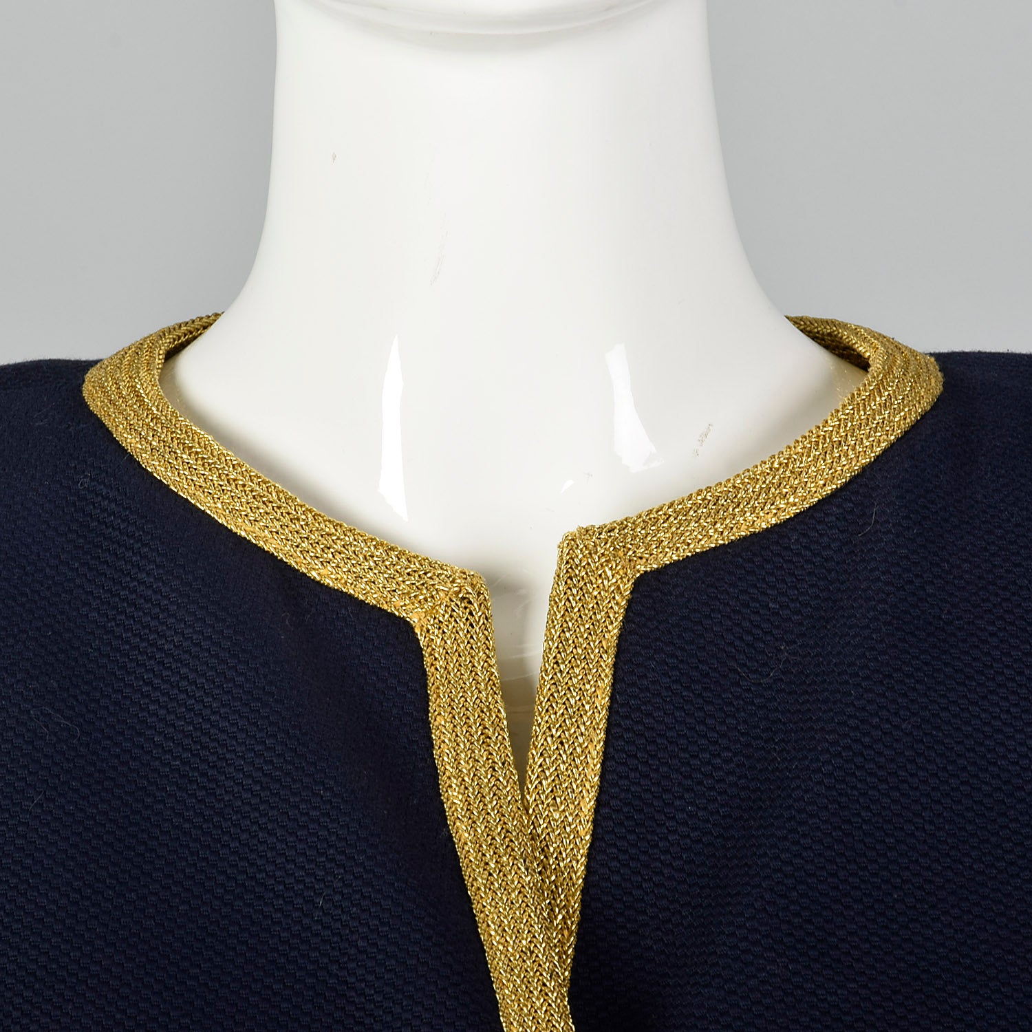 1980s Bill Blass Navy Dress with Gold Tone Metal Braided Trim