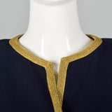 1980s Bill Blass Navy Dress with Gold Tone Metal Braided Trim