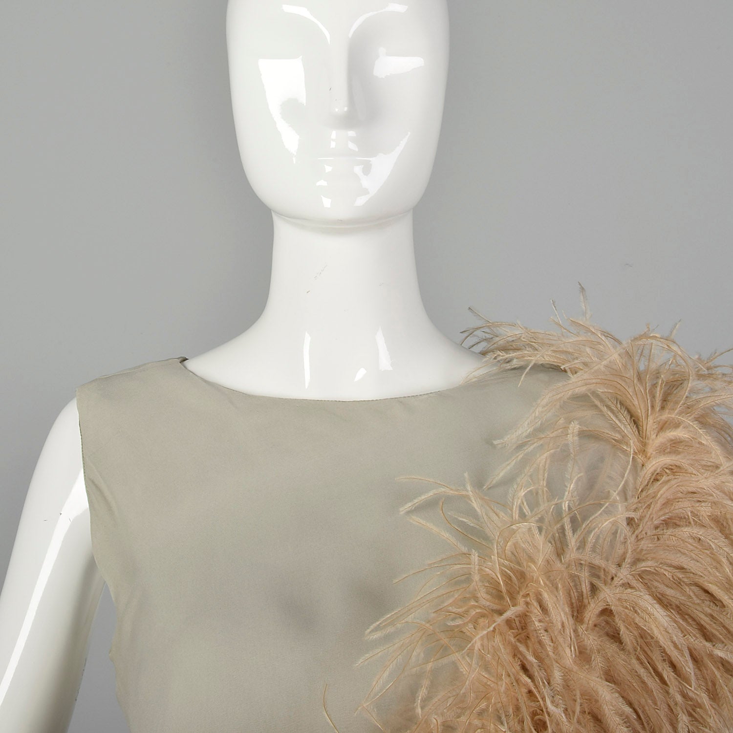 Medium 1970s Gray Silk Column Dress with Feather Trim