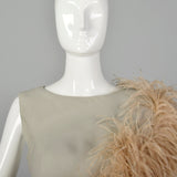 Medium 1970s Gray Silk Column Dress with Feather Trim
