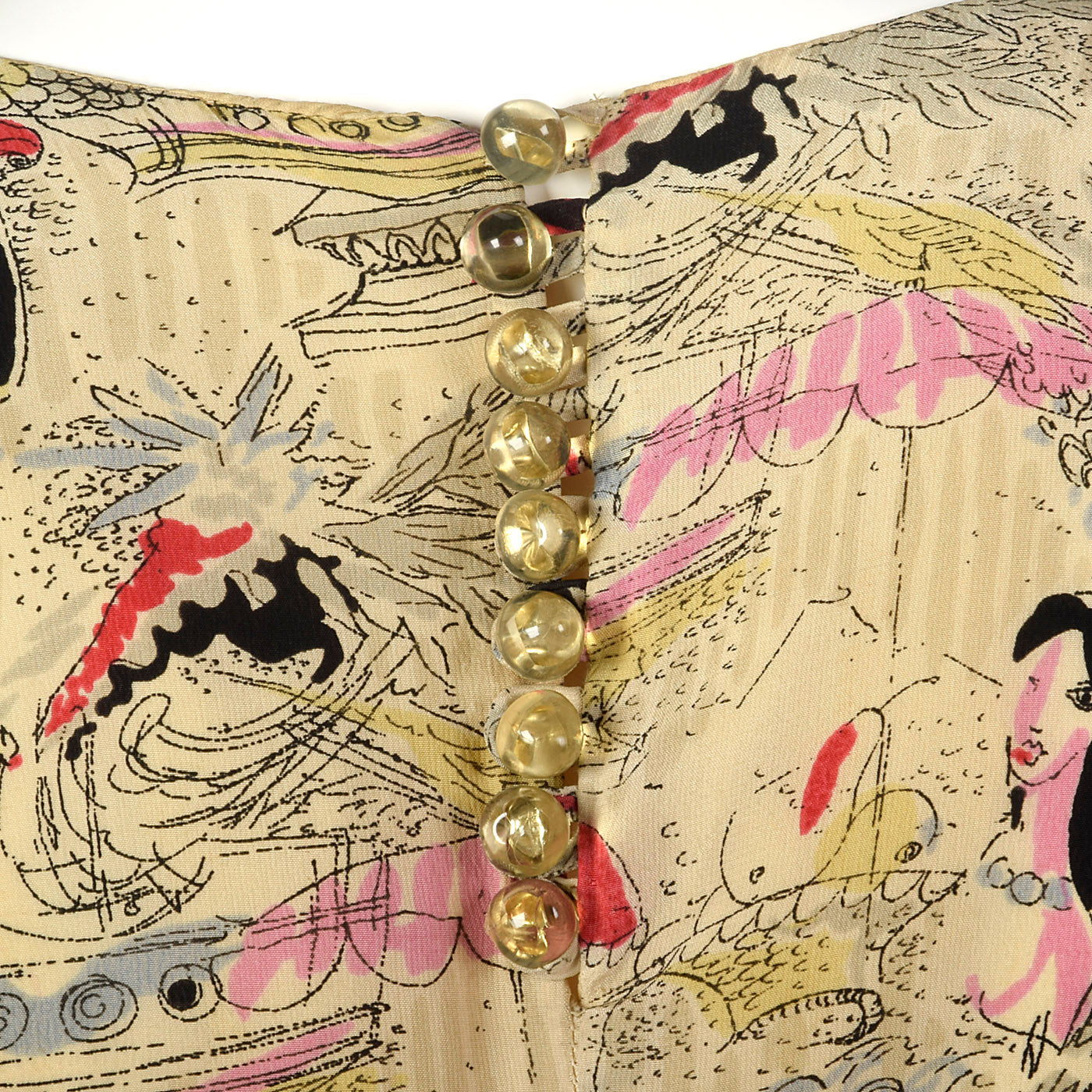 1940s Novelty Print Silk Dress with Neck Tie