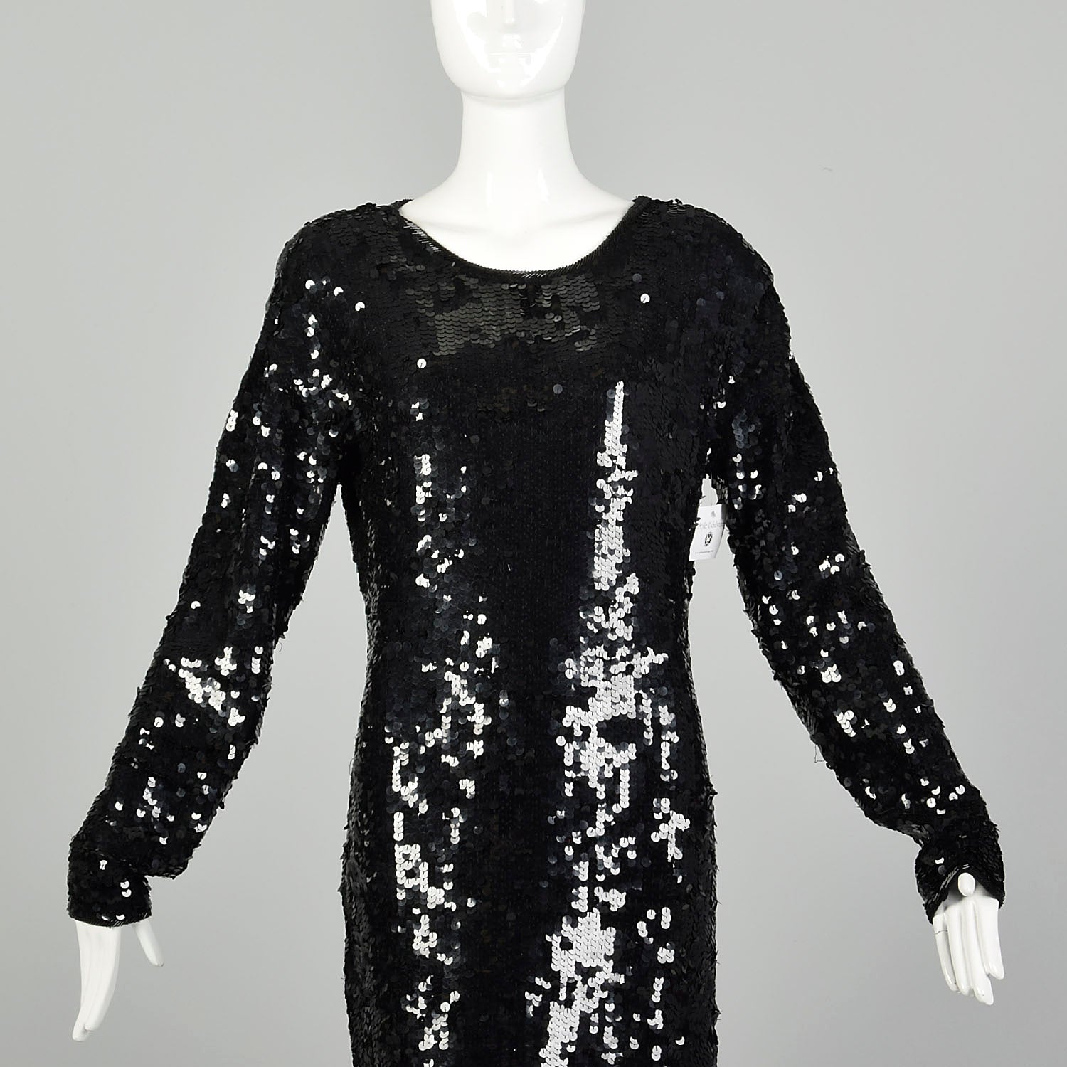 Large Black Sequin Sweater Dress Formal Evening Cocktail Modest Long Sleeve
