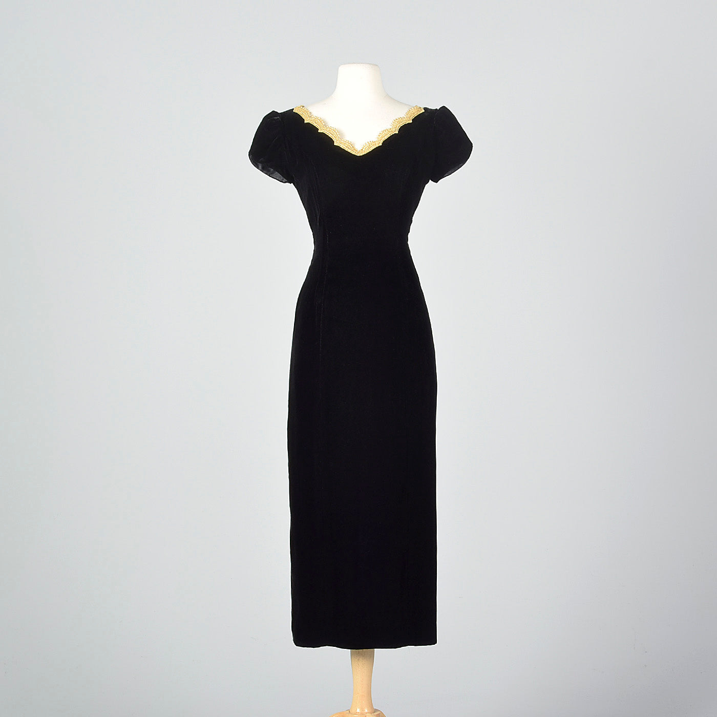 1950s Black Velvet Wiggle Dress with Gold Trim Collar Style & Salvage 1950s Black Velvet Wiggle Dress with Gold Trim Collar Style & Salvage