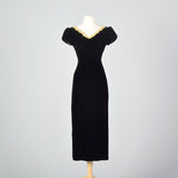 1950s Black Velvet Wiggle Dress with Gold Trim Collar