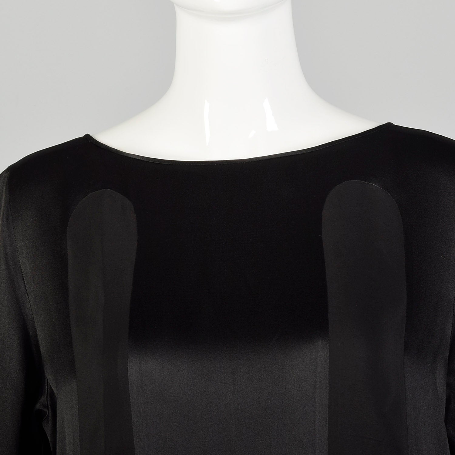 Large 1920s Silk Dress Black on Black Art Deco Trumpet Bell Sleeve Evening Gown