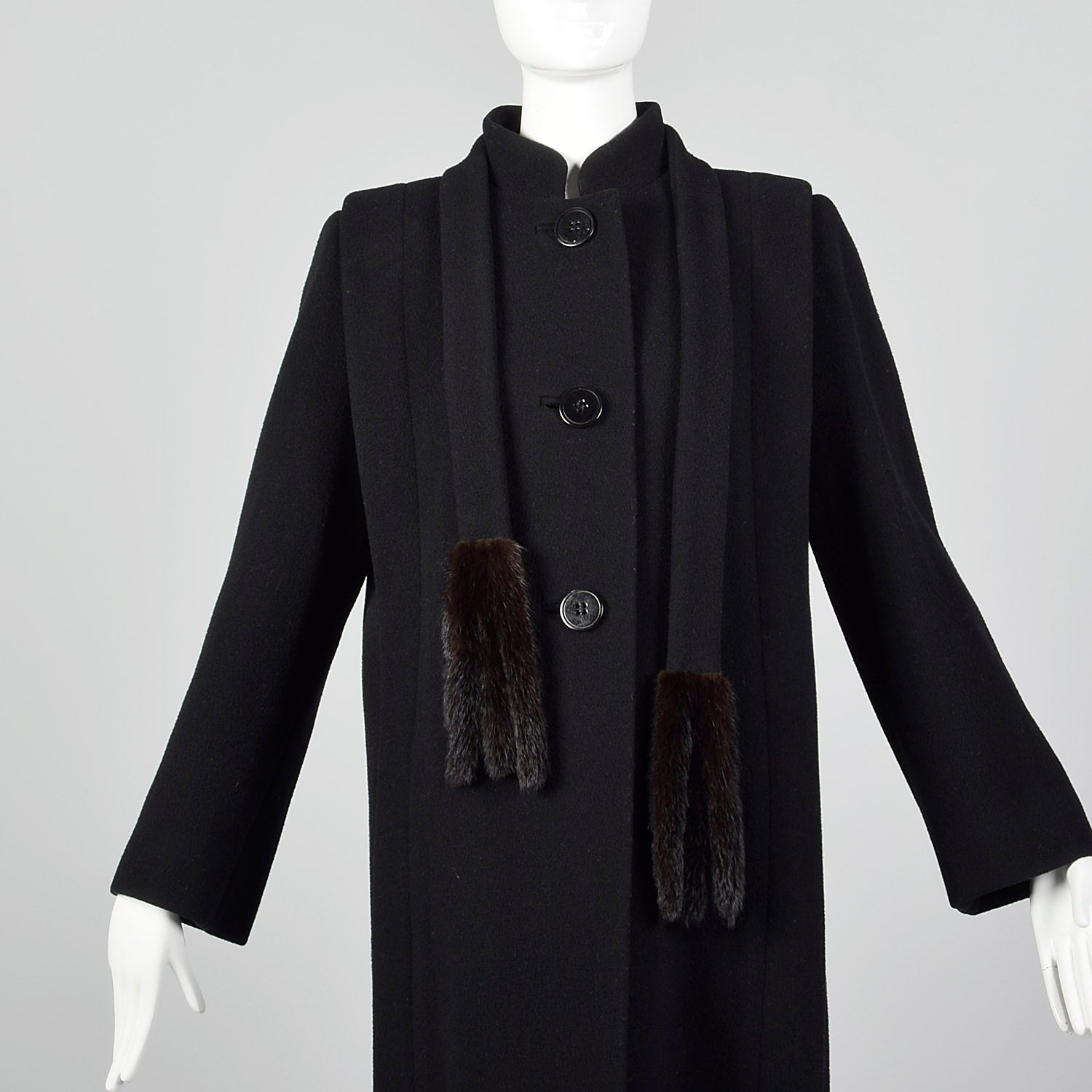 Small 1980s Pauline Trigere Black Wool Coat with Removable Mink Tail Scarf