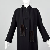 Small 1980s Pauline Trigere Black Wool Coat with Removable Mink Tail Scarf