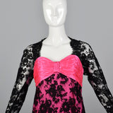 1980s Travilla Hot Pink and Black Lace Dress