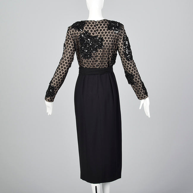 1990s Bill Blass Evening Black Dress with Illusion Bodice