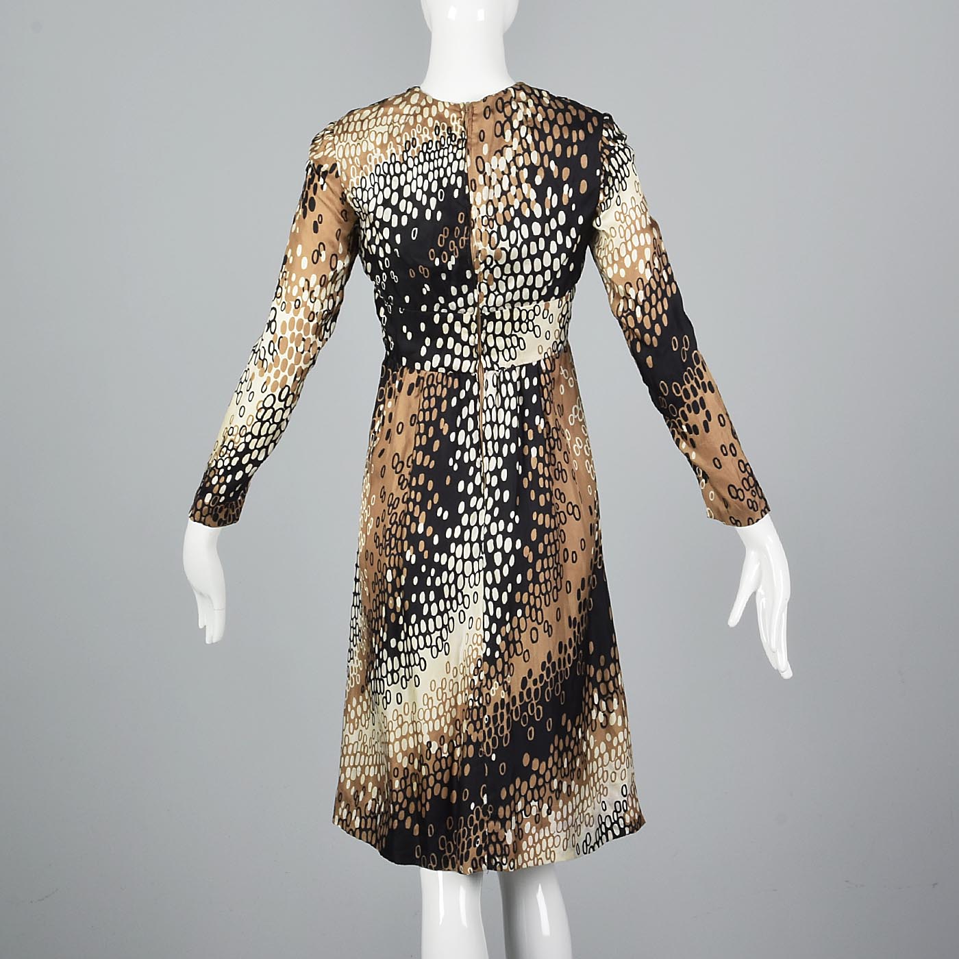 1960s Silk Dress with White, Tan, and Black Op Art Print