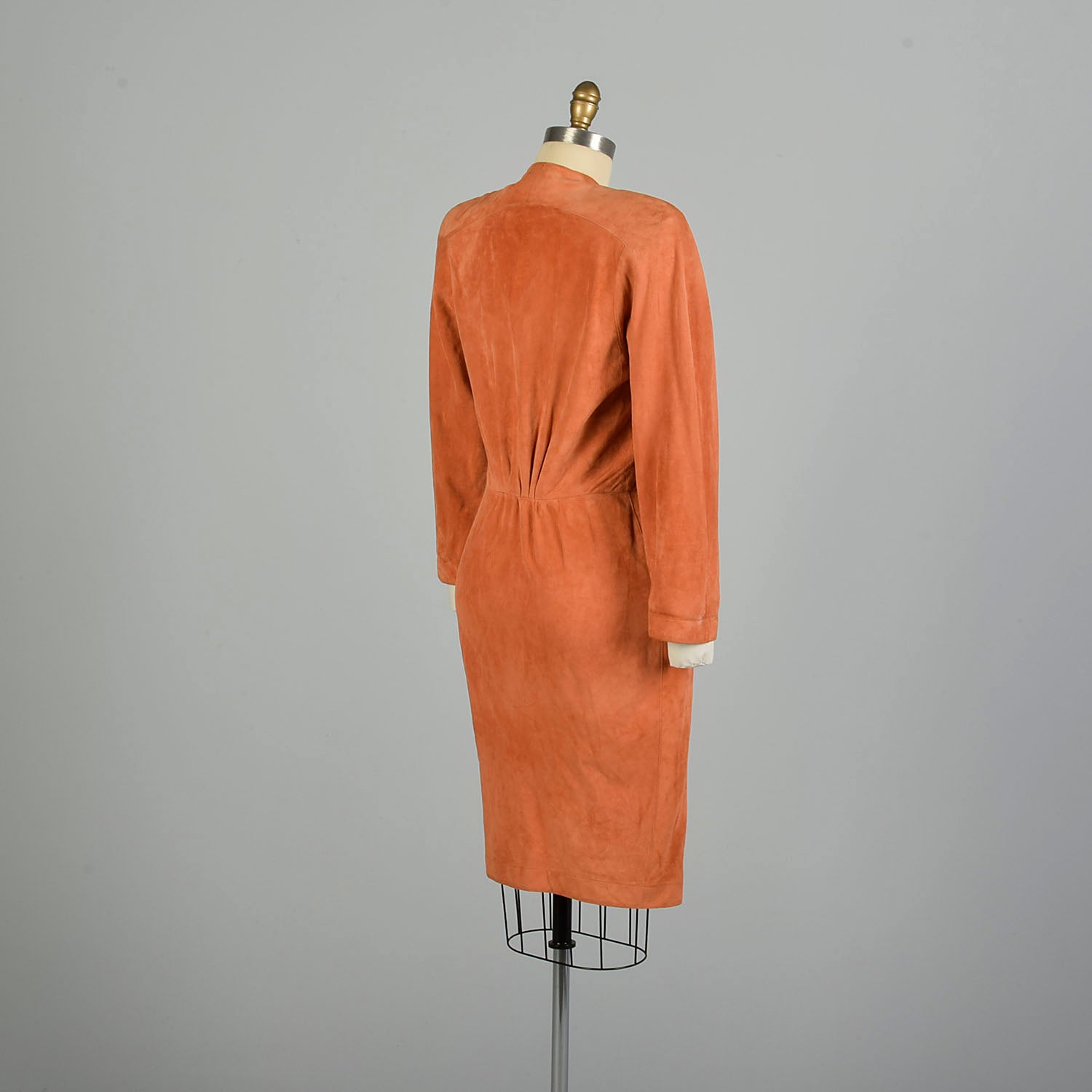 LG 1980s Thierry Mugler Leather Hourglass Suede Dress Orange Snap Front Knee Length Sexy Fitted Dress