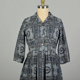 Large 1950s Day Dress Grey Novelty Block Print Cotton Summer