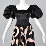 1980s Black Party Dress with Applique Full Circle Skirt