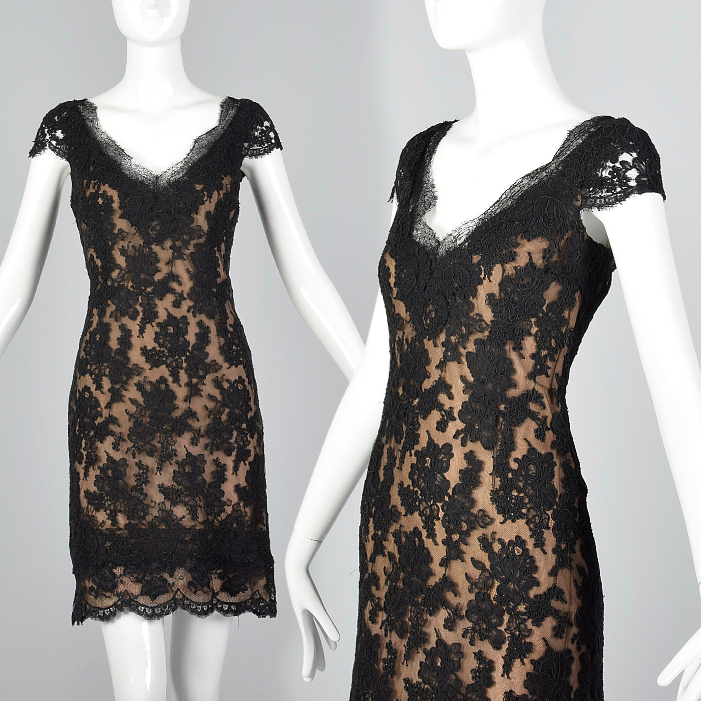 1990s Classic Oscar De La Renta Black Lace Dress