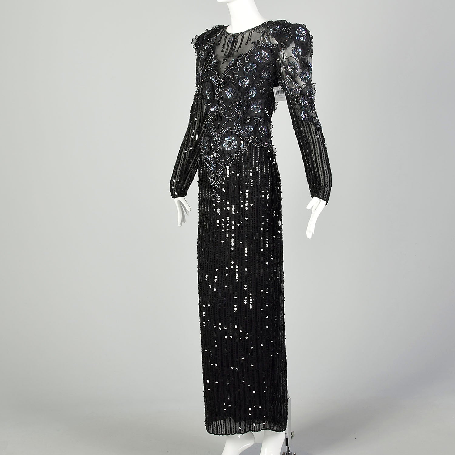 Medium Bellissima Dress 1980s Silk Beaded Sheer Formal Black Sequin Keyhole Back Evening Gown