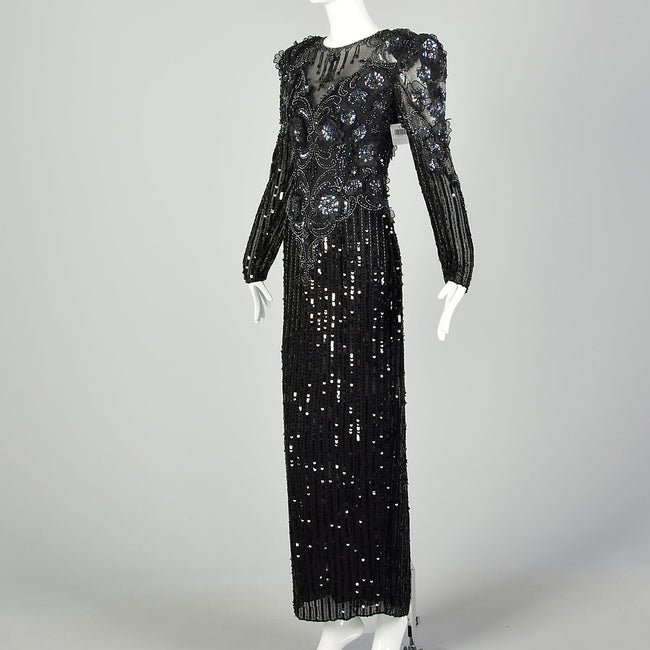 Medium Bellissima Dress 1980s Silk Beaded Sheer Formal Black Sequin Keyhole Back Evening Gown