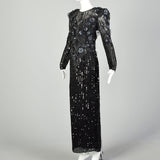 Medium Bellissima Dress 1980s Silk Beaded Sheer Formal Black Sequin Keyhole Back Evening Gown