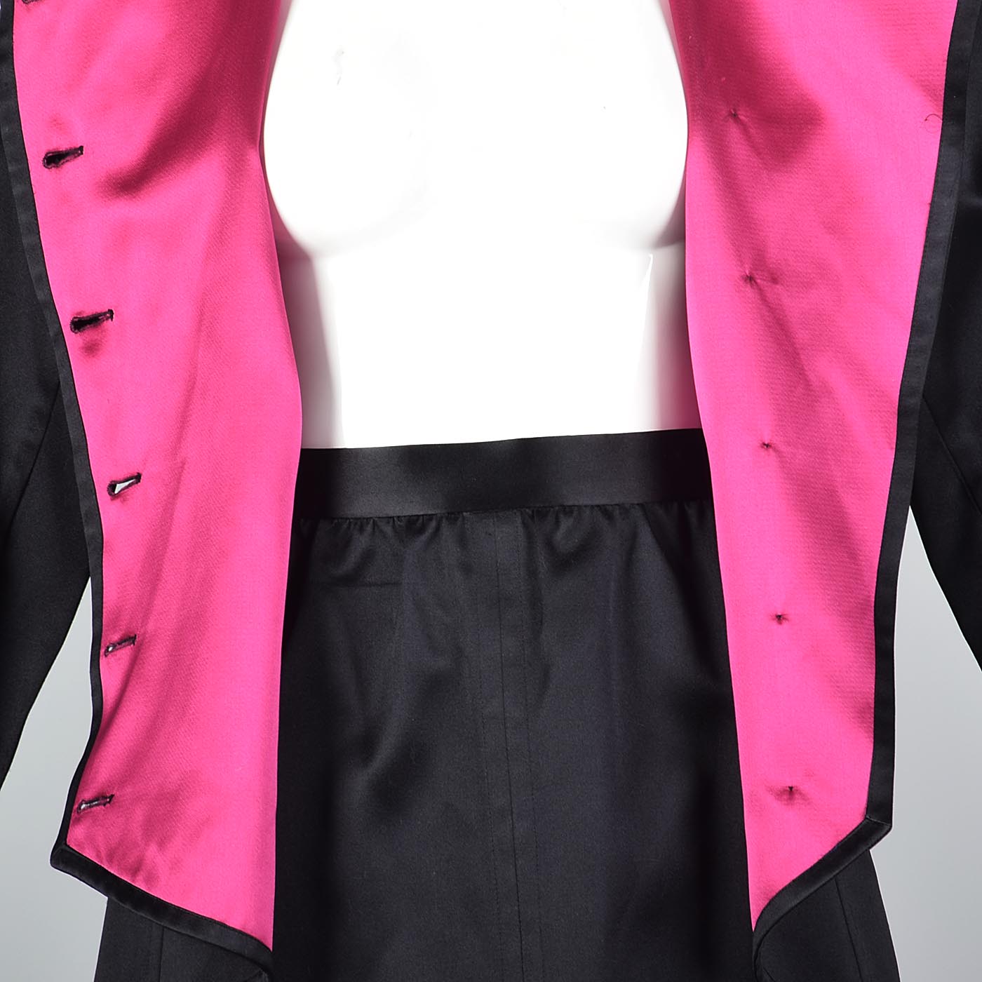 Yves Saint Laurent Rive Gauche Black Satin Satin Skirt Suit with Hot Pink Lining