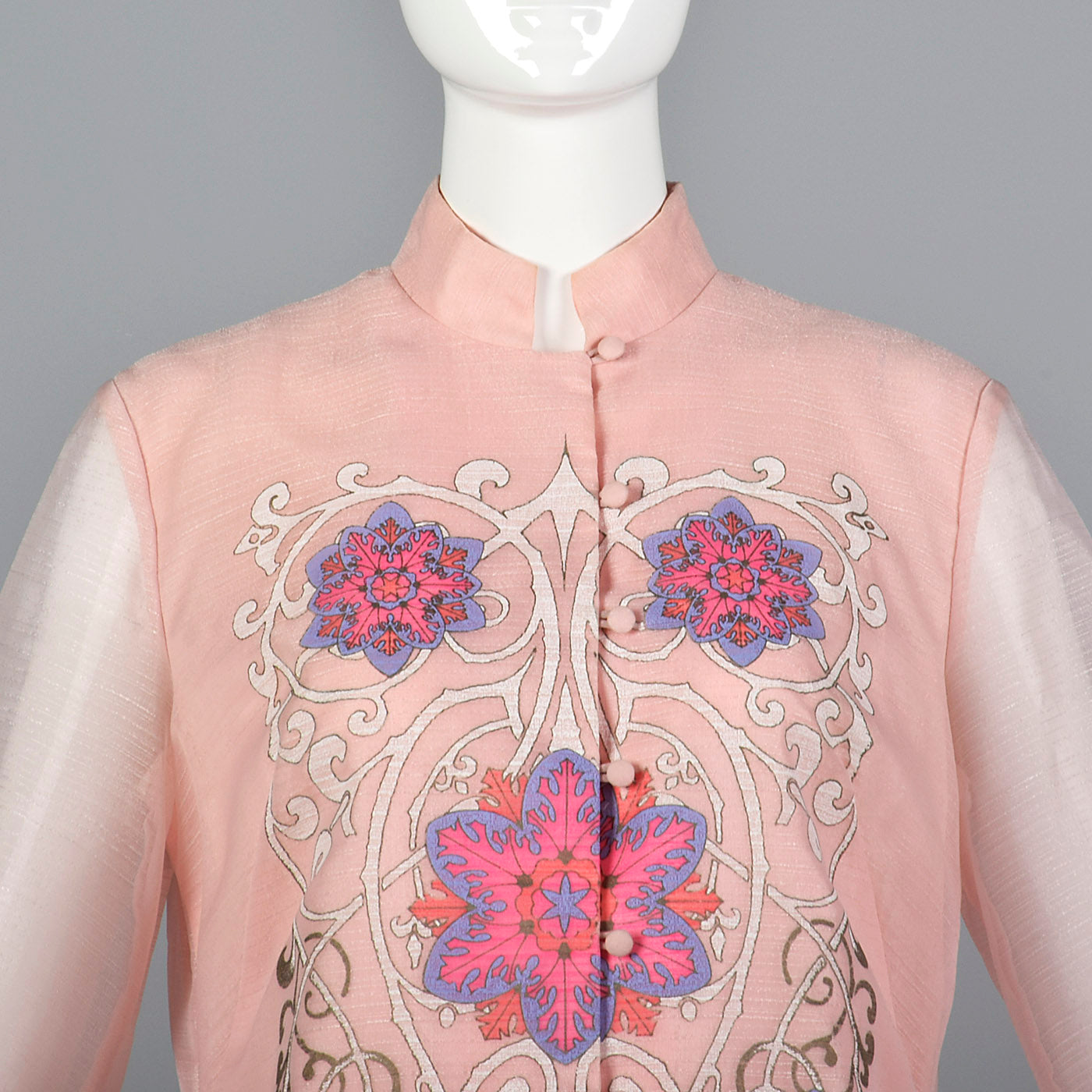 1970s Alfred Shaheen Pink Shift Dress with Sheer Sleeves