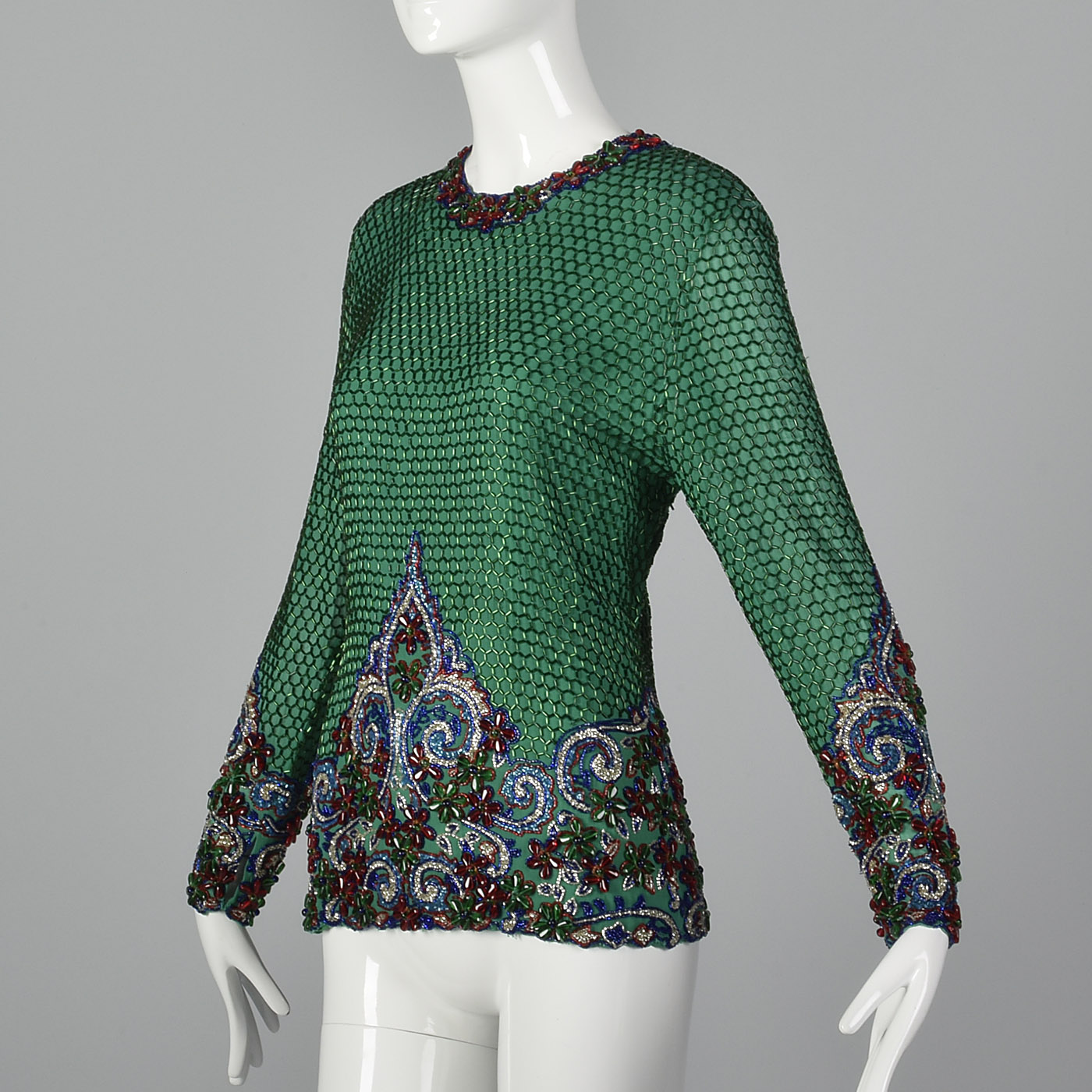 Small 1960s Emerald Green Formal Beaded Blouse