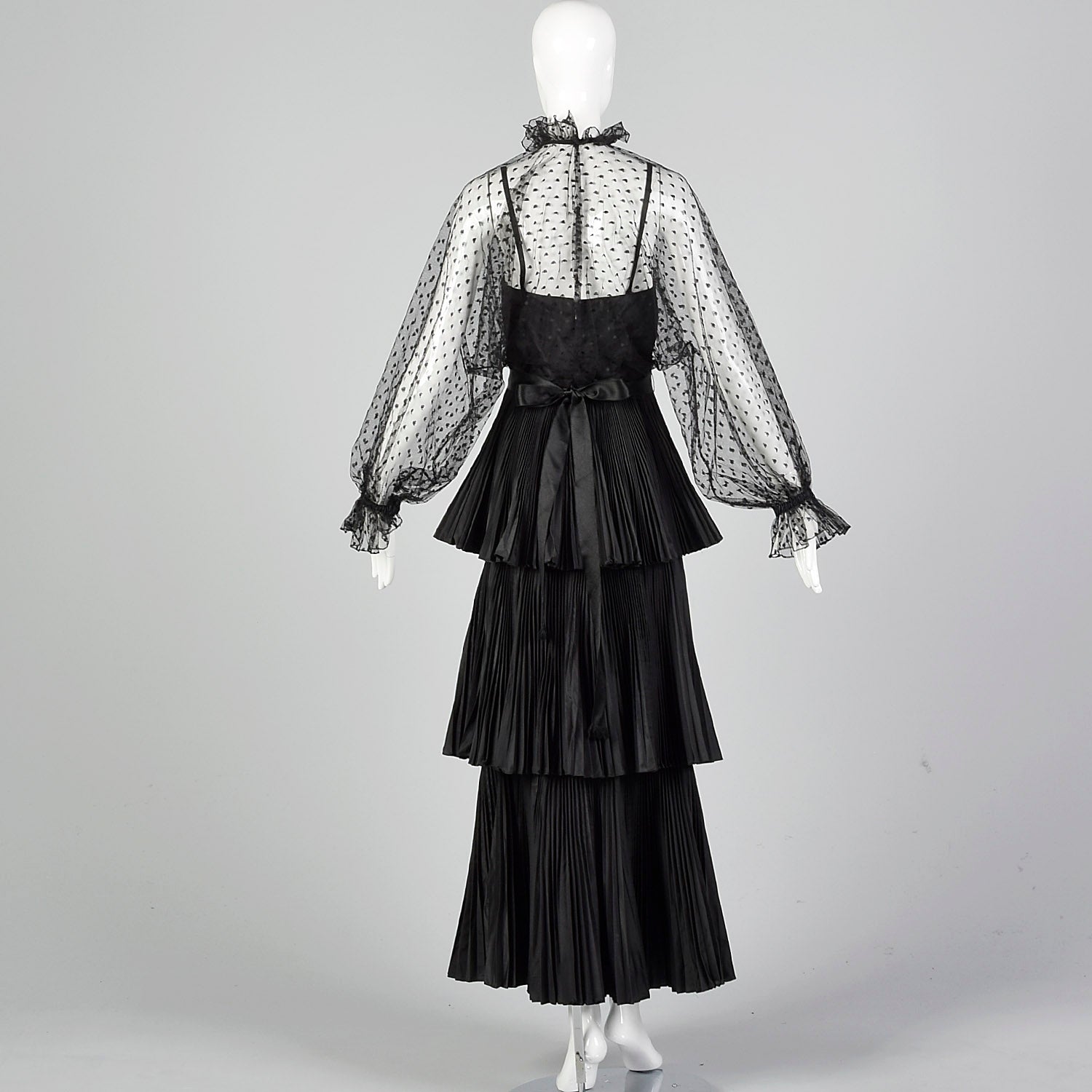 1970s Richilene Black Pleated Maxi Dress with Mesh Top