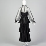 1970s Richilene Black Pleated Maxi Dress with Mesh Top
