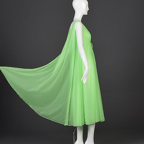 1960s Claire Sandra Lucie Ann Beverly Hills Green Chiffon Nightgown & Peignoir Set with Pom Poms