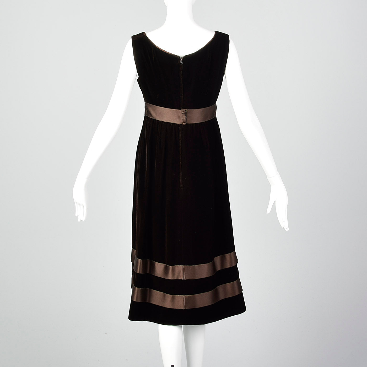 1960s Brown Velvet Dress with Satin Ribbon Waist and Hem