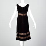 1960s Brown Velvet Dress with Satin Ribbon Waist and Hem