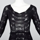 1950s Sexy Black Crochet Cocktail Dress with Full Skirt