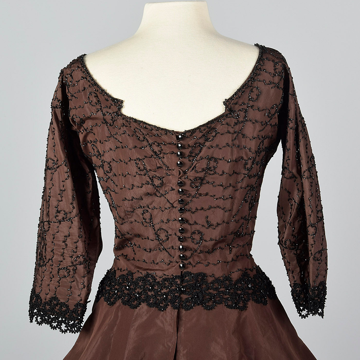 1950s Brown Taffeta Dress with Black Beading