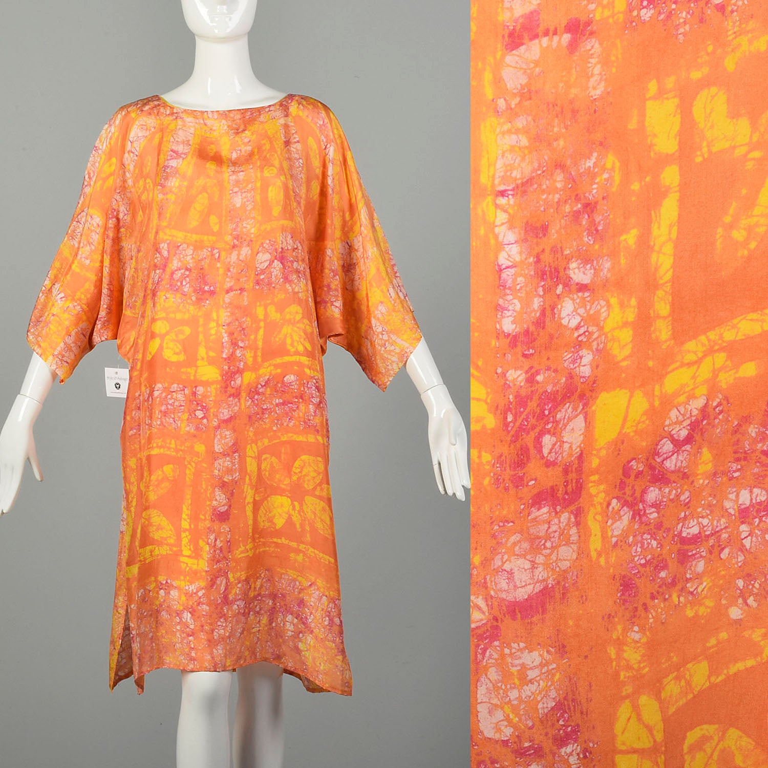 One Size 1970s Orange Yellow Abstract Batik Style Psychedelic Print Dress