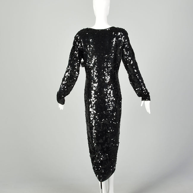 Large Black Sequin Sweater Dress Formal Evening Cocktail Modest Long Sleeve