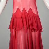 XXS 1920s Flapper Dress Crinkle Red Silk with Flirty Ruffles