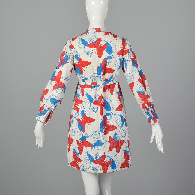 Small 1970s Butterfly Print Dress with Long Sleeves and Pockets